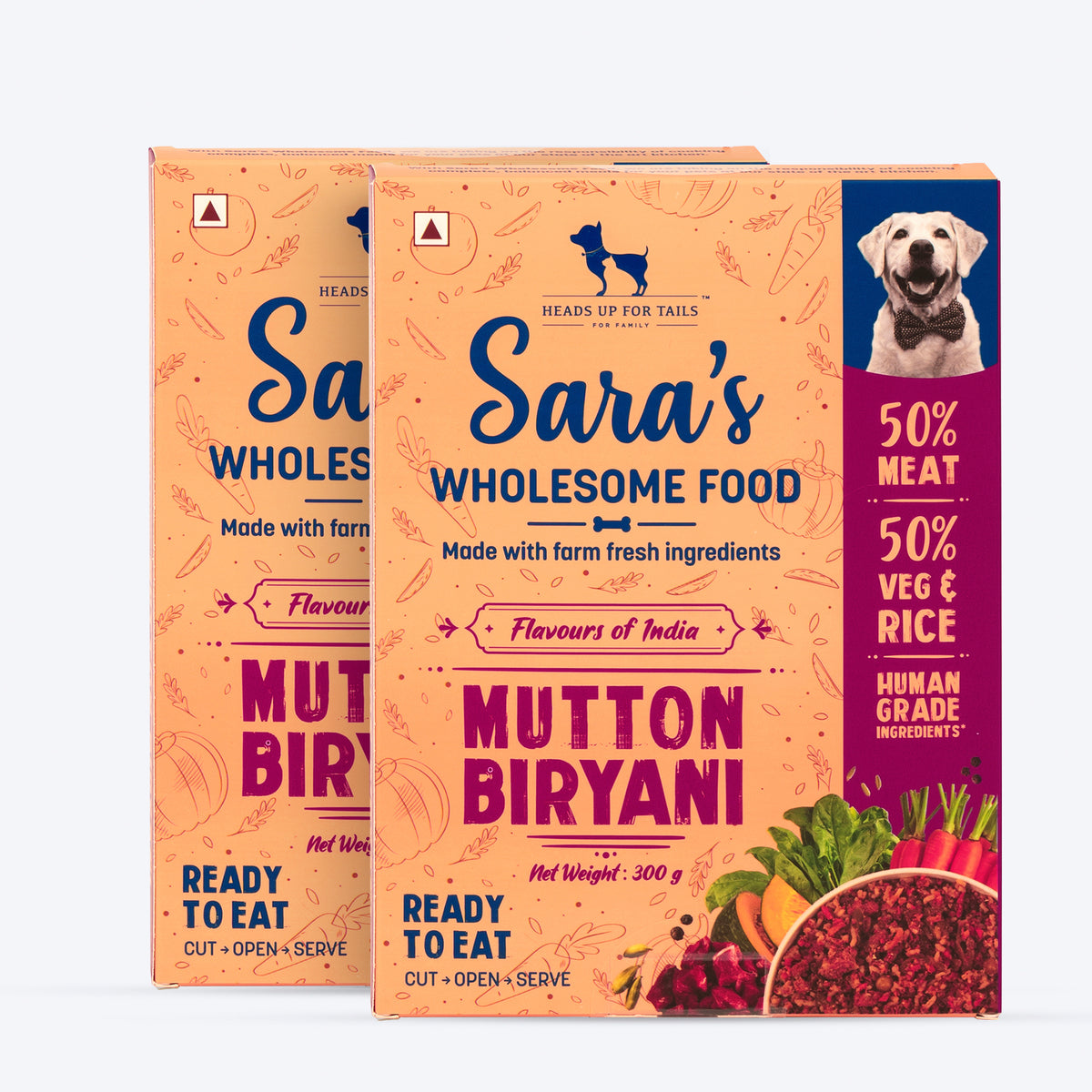 Sara's Wholesome Food Mutton Biryani, Flavours of India, 300 g, made with 50% meat and 50% vegetables and rice.