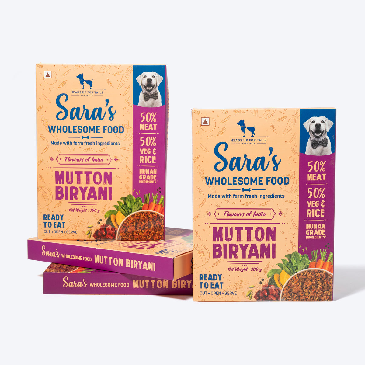 Sara's Wholesome Food Mutton Biryani, Flavours of India, 300 g, made with 50% meat and 50% vegetables and rice.