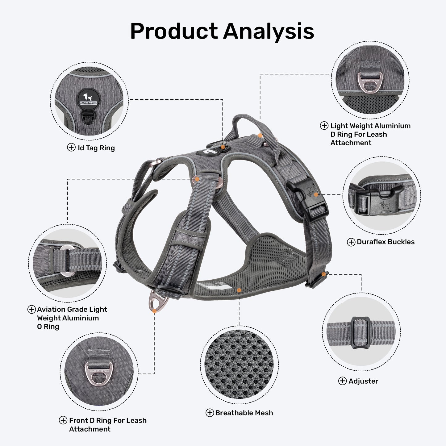 HUFT Xplorers Harness For Dog - Grey - Heads Up For Tails