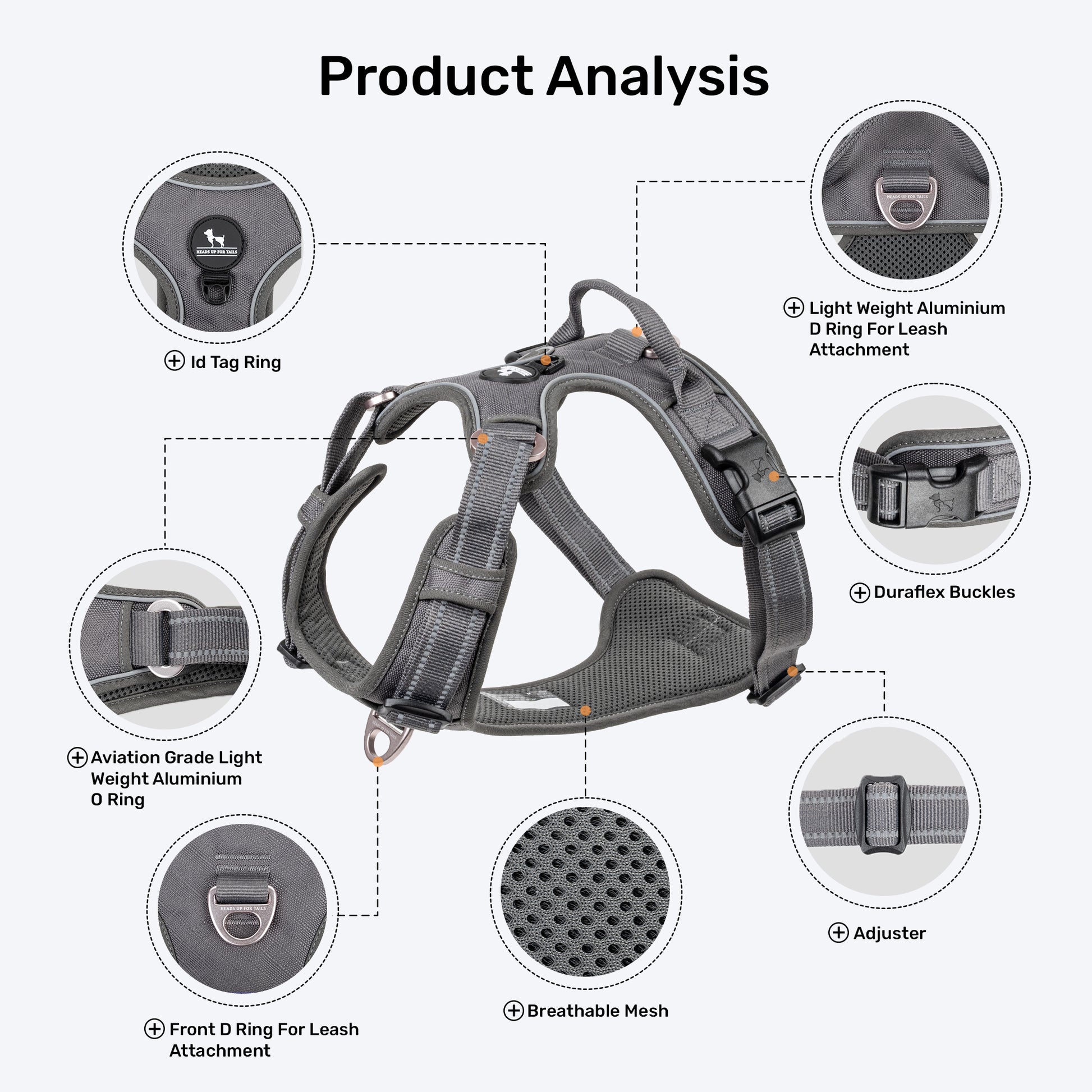 HUFT Xplorers Harness For Dog - Grey - Heads Up For Tails