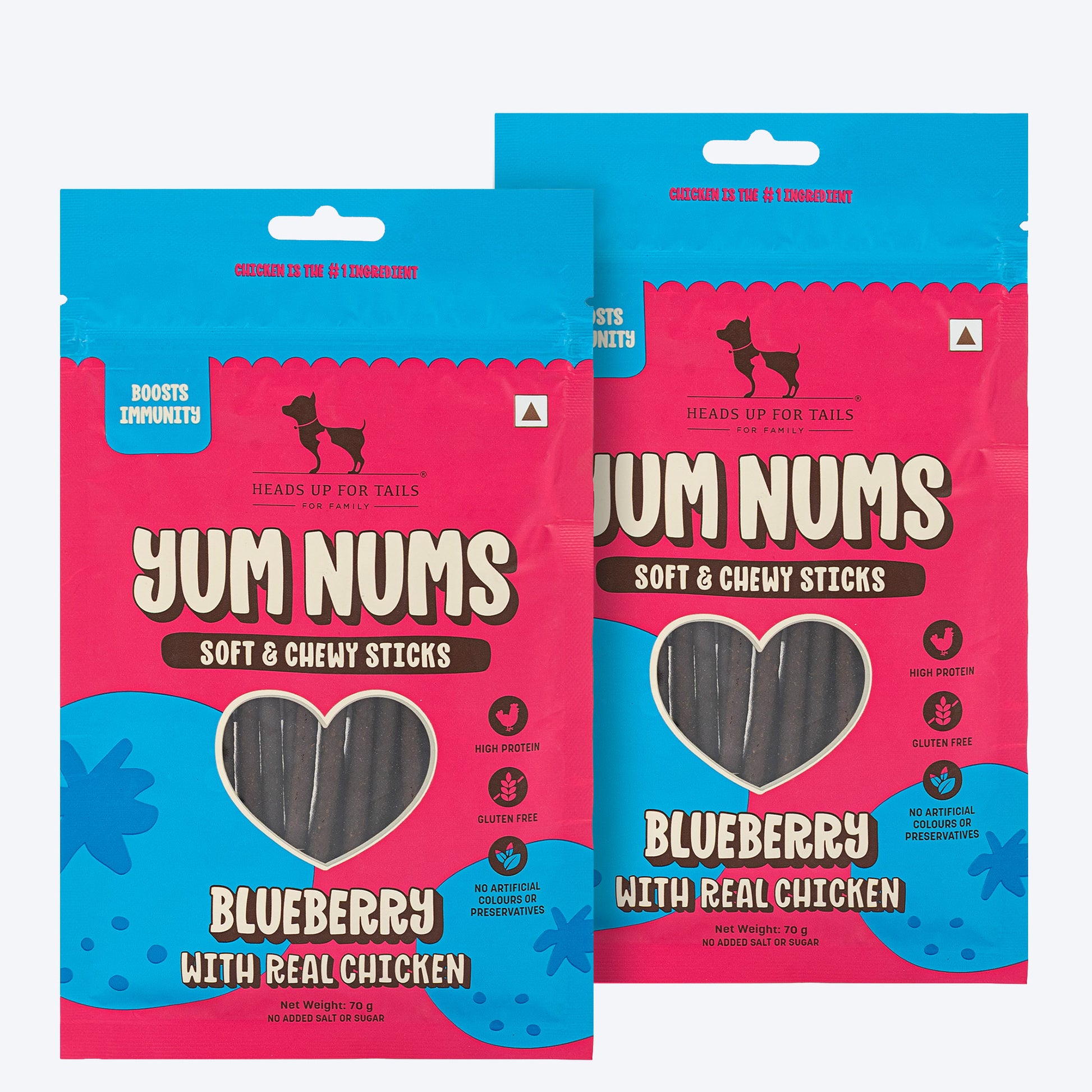 HUFT Yum Nums Dog Treats Soft & Chewy Sticks Blueberry With Real Chicken - 70 gm - Heads Up For Tails
