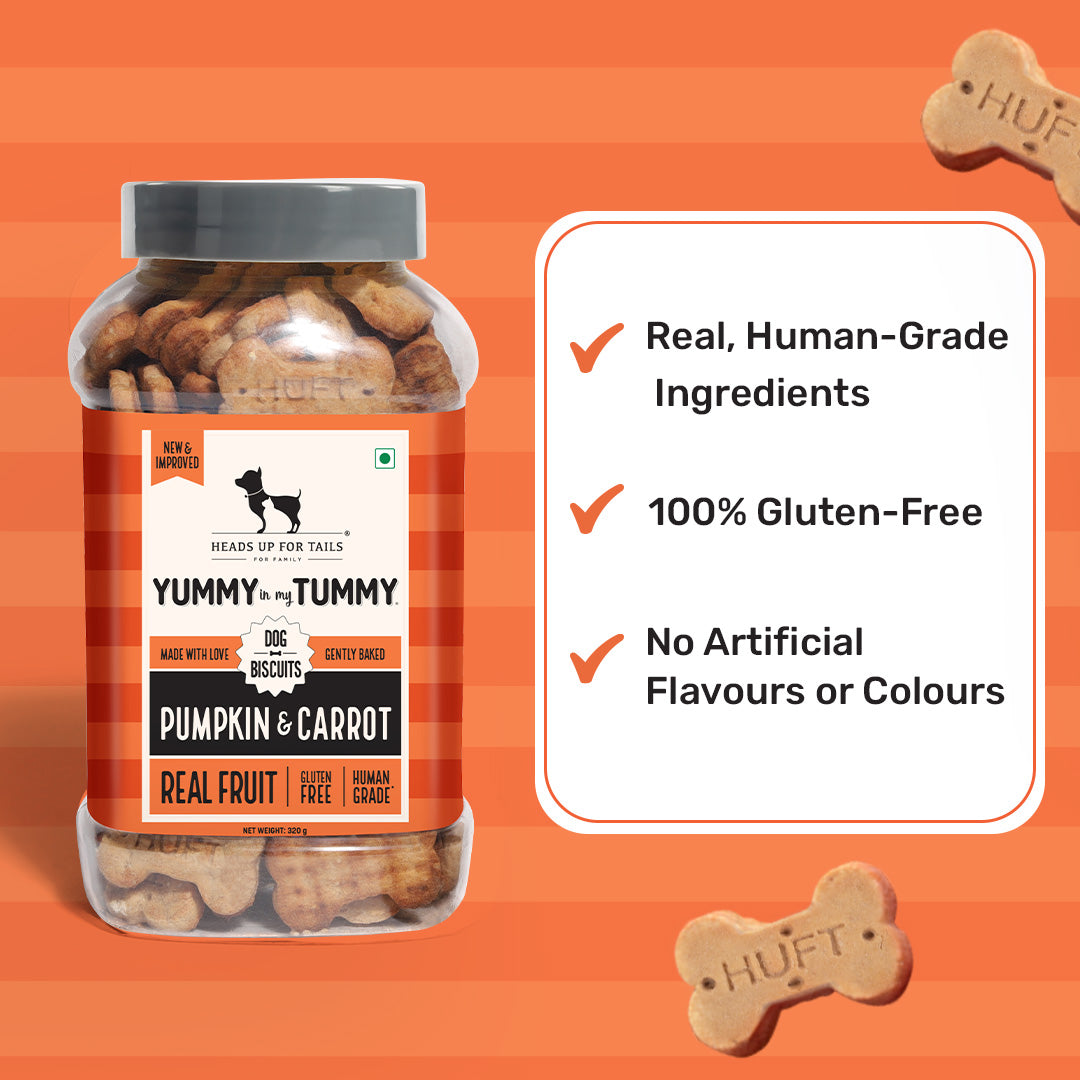 HUFT Yummy in my Tummy Pumpkin & Carrot Dog Biscuits, 320g, gluten-free, made with real fruit, gently baked
