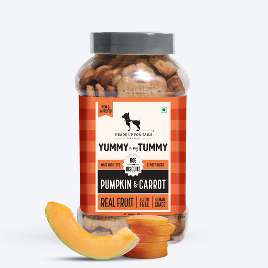 HUFT Yummy in my Tummy Pumpkin & Carrot gluten-free dog biscuits, 320g jar, made with real fruit