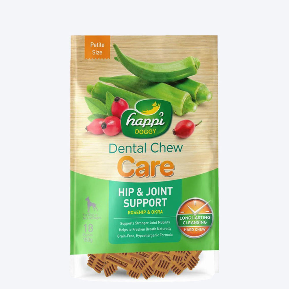 Happi Doggy Vegetarian Dental Chew - Care (Hip & Joint Support) Rosehip & Okra - Petite - 2.5 inch - 150 g - 18 Pieces - Heads Up For Tails