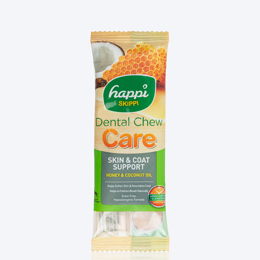 Happi Skippi Dental Chew Care Skin & Coat Support Honey & Coconut Oil Dog Treats - 4 inch - 25 gm - Heads Up For Tails