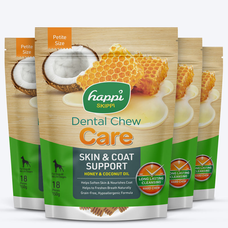 Happi Skippi Dental Chew Skin & Coat Support Honey & Coconut Oil Dog Treat - Petite 2.5 inch - 150 gm - Heads Up For Tails
