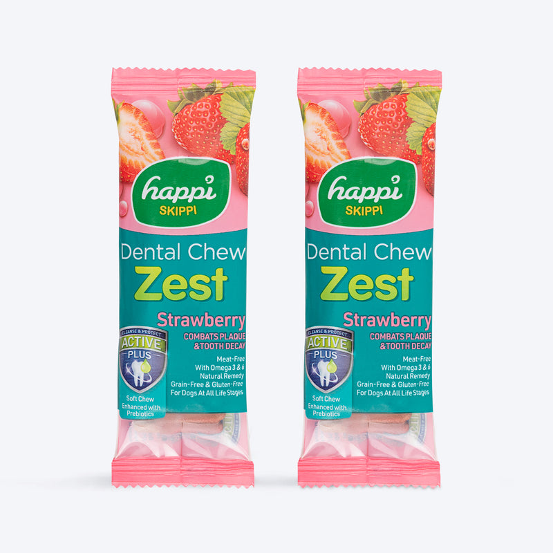 Happi Skippi Dental Chew Zest Strawberry Dog Treat - 4 inch - 25 gm - Heads Up For Tails