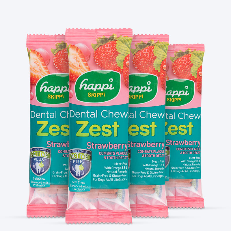 Happi Skippi Dental Chew Zest Strawberry Dog Treat - 4 inch - 25 gm - Heads Up For Tails