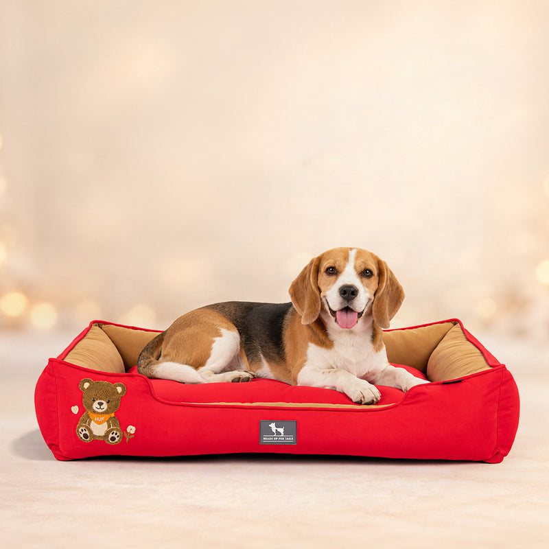 HUFT Bear Hug Classic Lounger Bed For Dog - Red & Brown - Heads Up For Tails