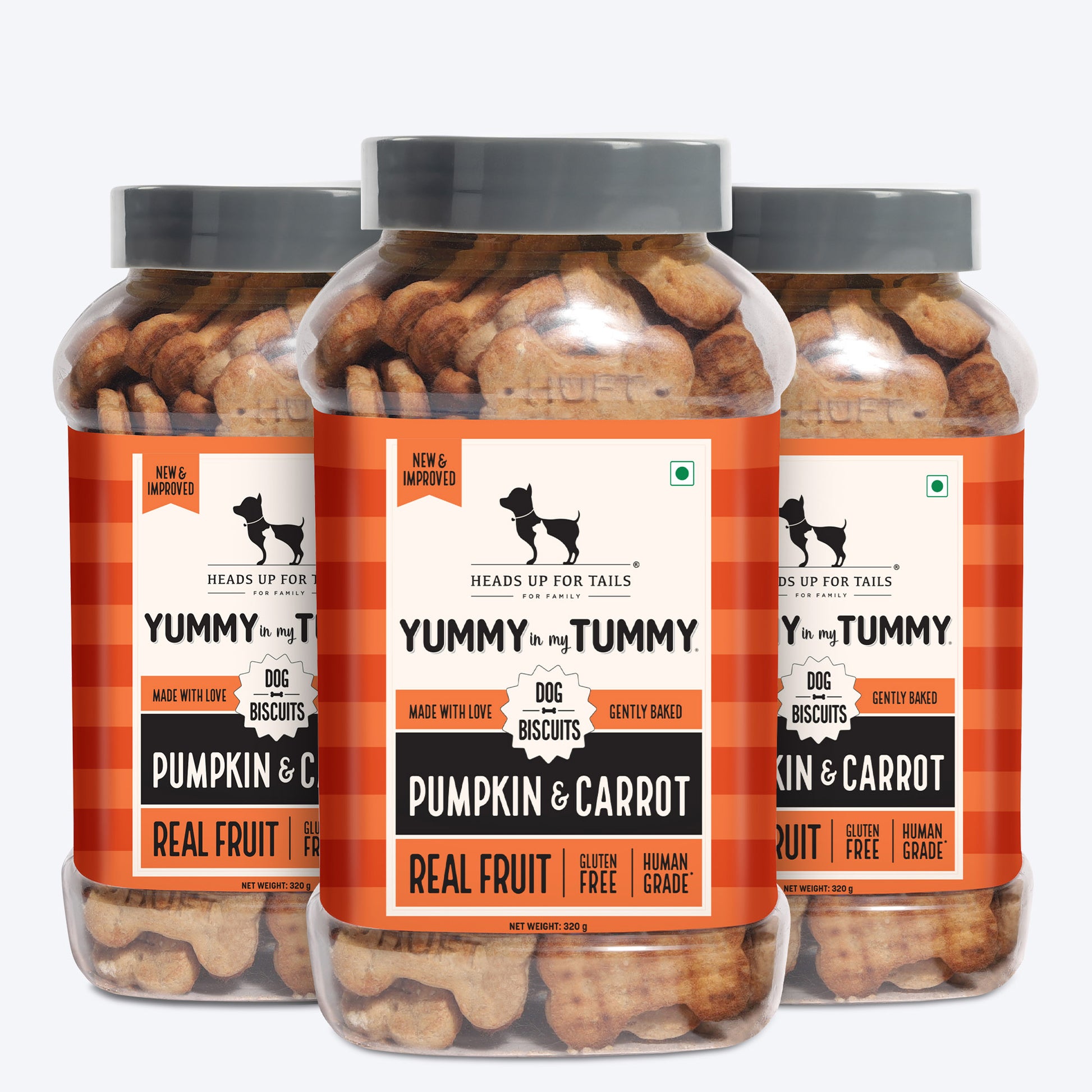 Heads Up for Tails Yummy in my Tummy Pumpkin & Carrot Dog Biscuits, 320g, gluten-free, gently baked, real fruit