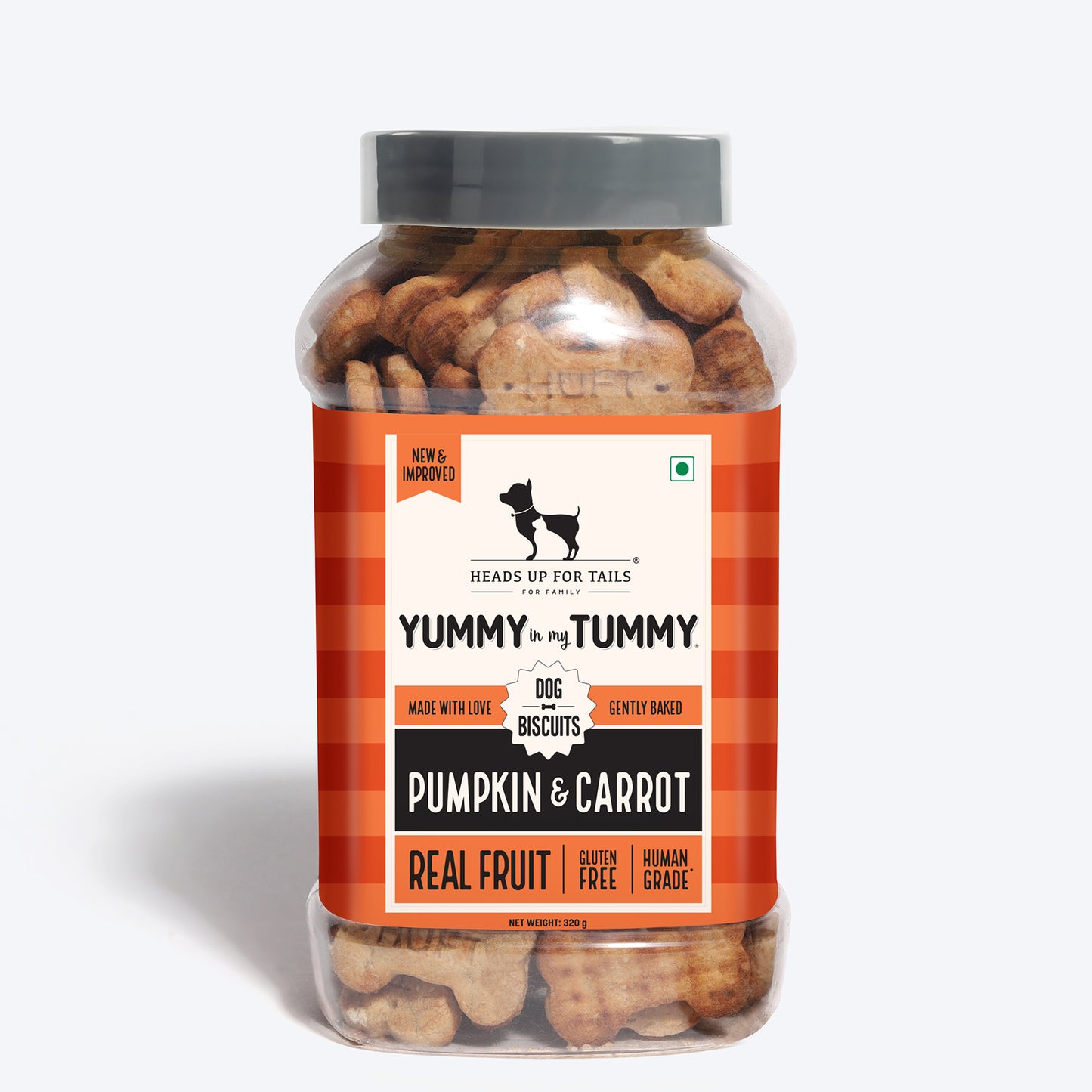 Heads Up for Tails Yummy in my Tummy Pumpkin & Carrot dog biscuits, 320g, gluten-free, gently baked, real fruit