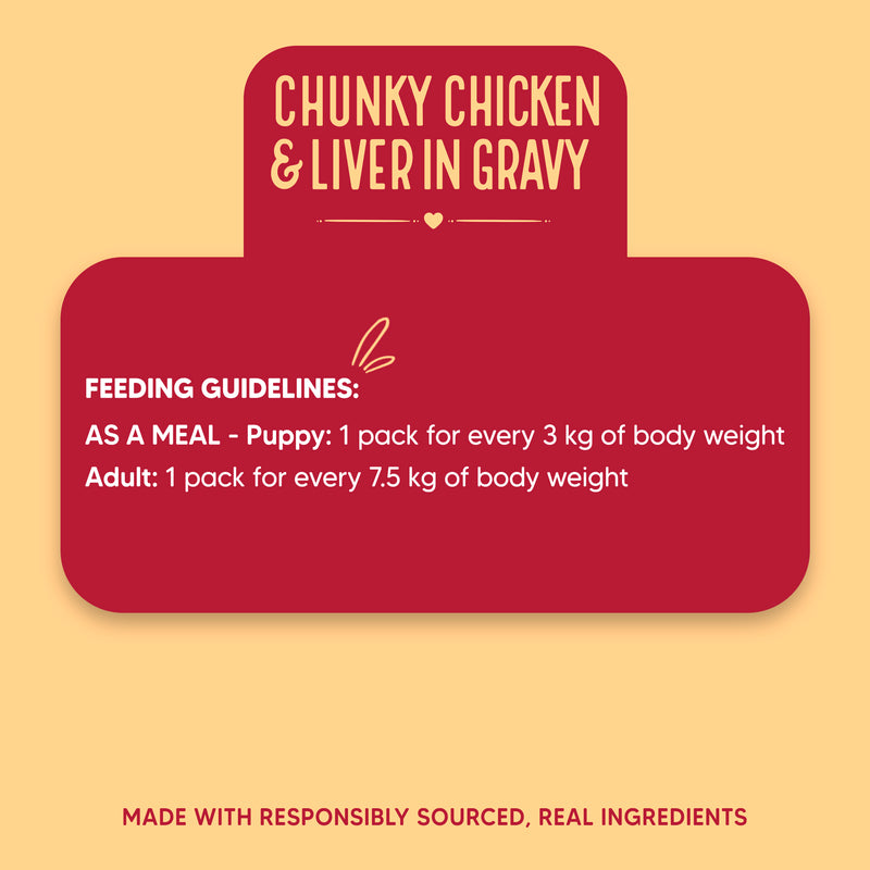 Hearty Chunky Chicken & Liver in Gravy dog wet food by Heads Up for Tails, 70 g, suitable for dogs over 3 months.
