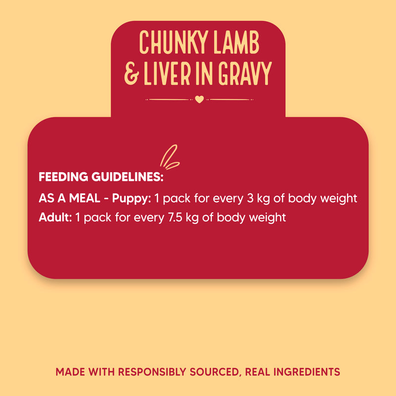 Hearty Chunky Lamb & Liver in Gravy dog food by Heads Up for Tails, 70g, suitable for dogs over 3 months.