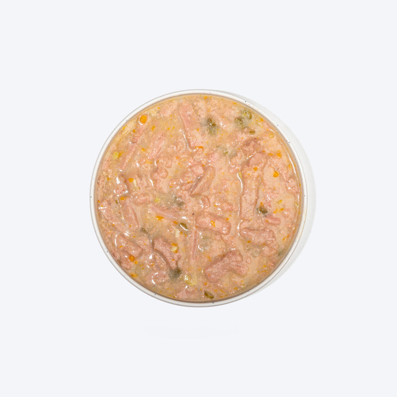 Hearty Shredded Chicken & Pumpkin in Gravy dog food by Heads Up for Tails, 70 g pouch. Suitable for all breeds.