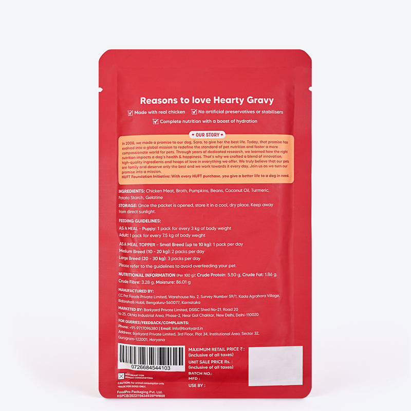 Hearty Shredded Chicken & Pumpkin in Gravy dog food by Heads Up for Tails, 70 g pouch. Suitable for all breeds.