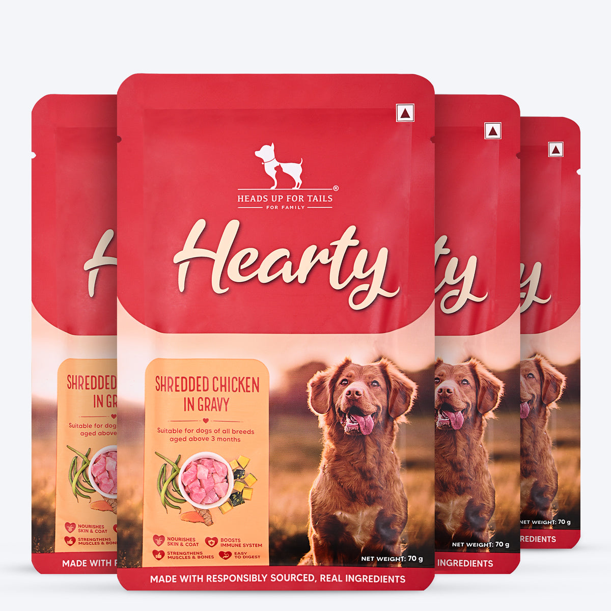 Hearty Shredded Chicken & Pumpkin in Gravy dog food by Heads Up for Tails, 70 g pouch. Suitable for all breeds.