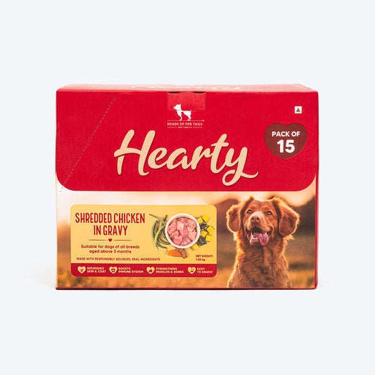 Hearty Shredded Chicken & Pumpkin in Gravy dog food by Heads Up for Tails, 70 g pouch. Suitable for all breeds.