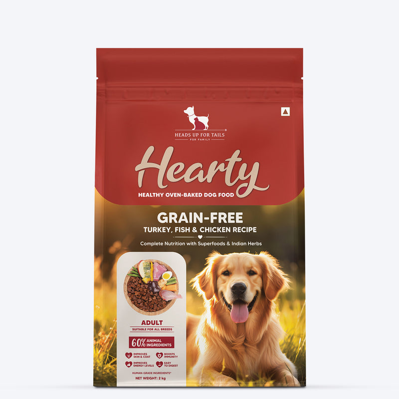 Hearty Turkey, Fish & Chicken Grain-Free Oven-Baked Dog Food, 2 kg, suitable for all breeds, by Heads Up for Tails.