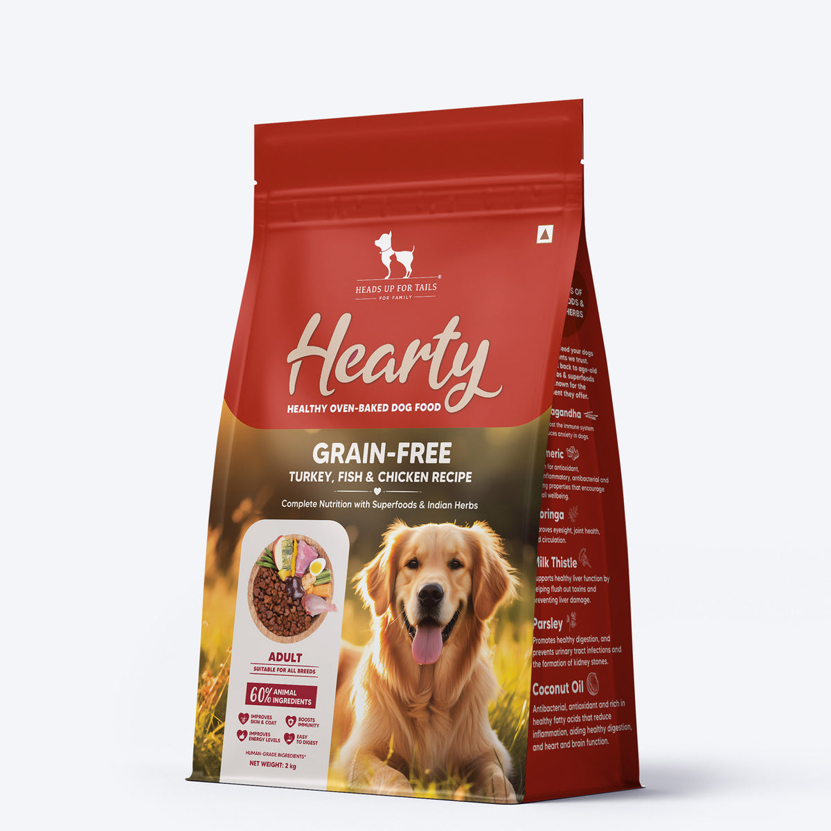 Hearty Turkey, Fish & Chicken Grain-Free Oven-Baked Dog Food, 2 kg, suitable for all breeds, by Heads Up for Tails.