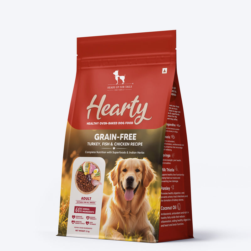 Hearty Turkey, Fish & Chicken Grain-Free Oven-Baked Dog Food, 2 kg, suitable for all breeds, by Heads Up for Tails.