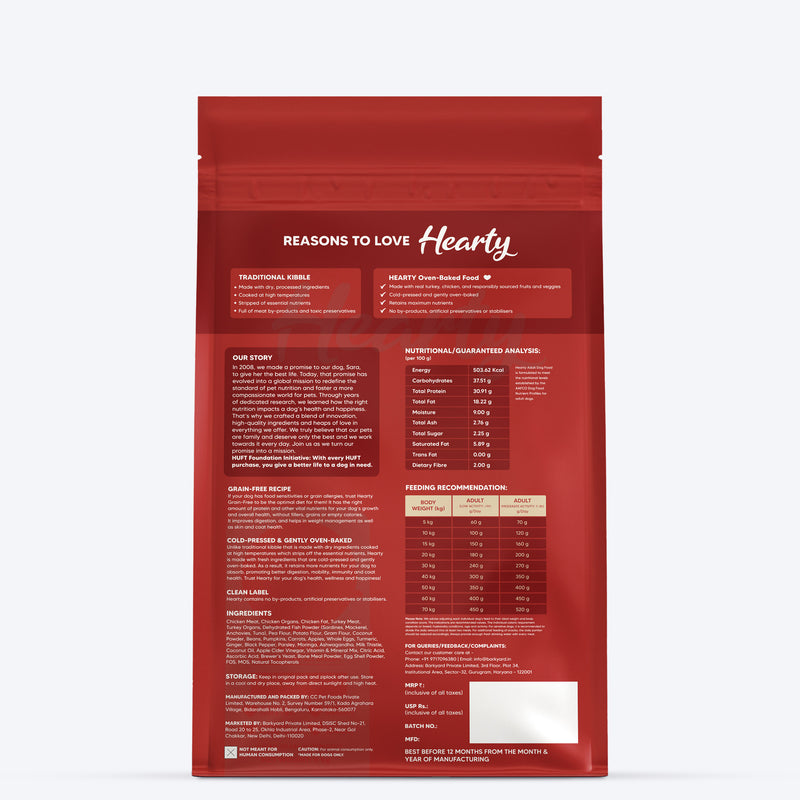 Hearty Turkey, Fish & Chicken Grain-Free Oven-Baked Dog Food, 2 kg, suitable for all breeds, by Heads Up for Tails.
