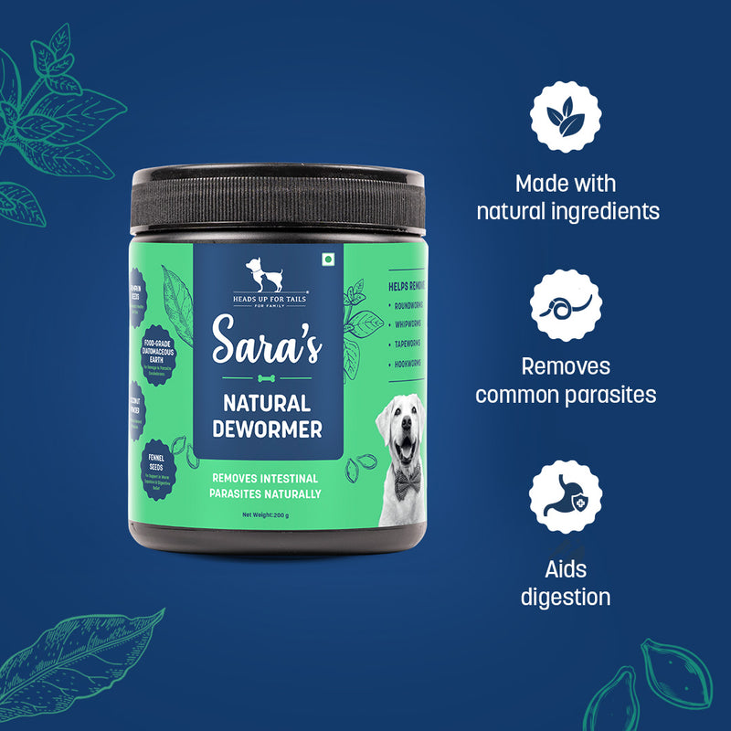 Sara's Natural Dewormer Supplement for Dogs, 200 gm, helps remove intestinal parasites naturally.