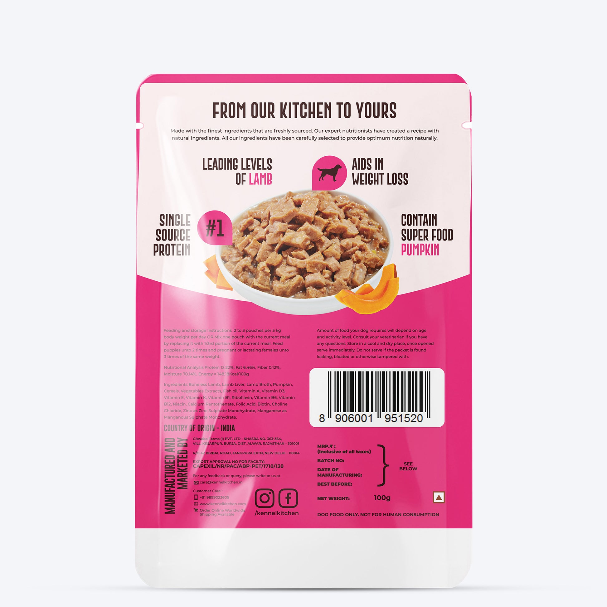 Kennel Kitchen Lamb with Pumpkin Supreme Cuts In Gravy Wet Dog Food - 100 g Packs - Heads Up For Tails