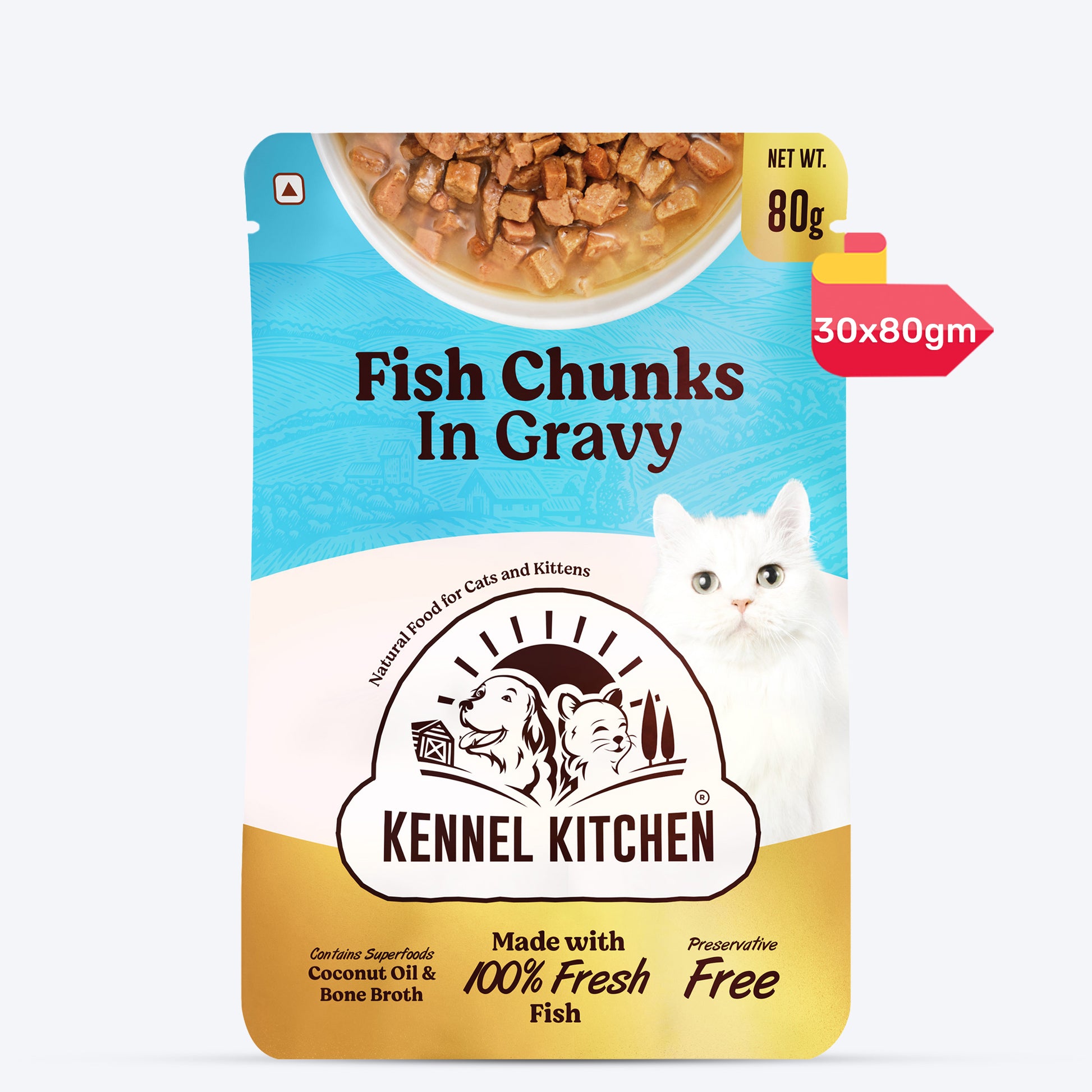 Kennel Kitchen Fish Chunks In Gravy Wet Cat Food - 80 g packs - Heads Up For Tails