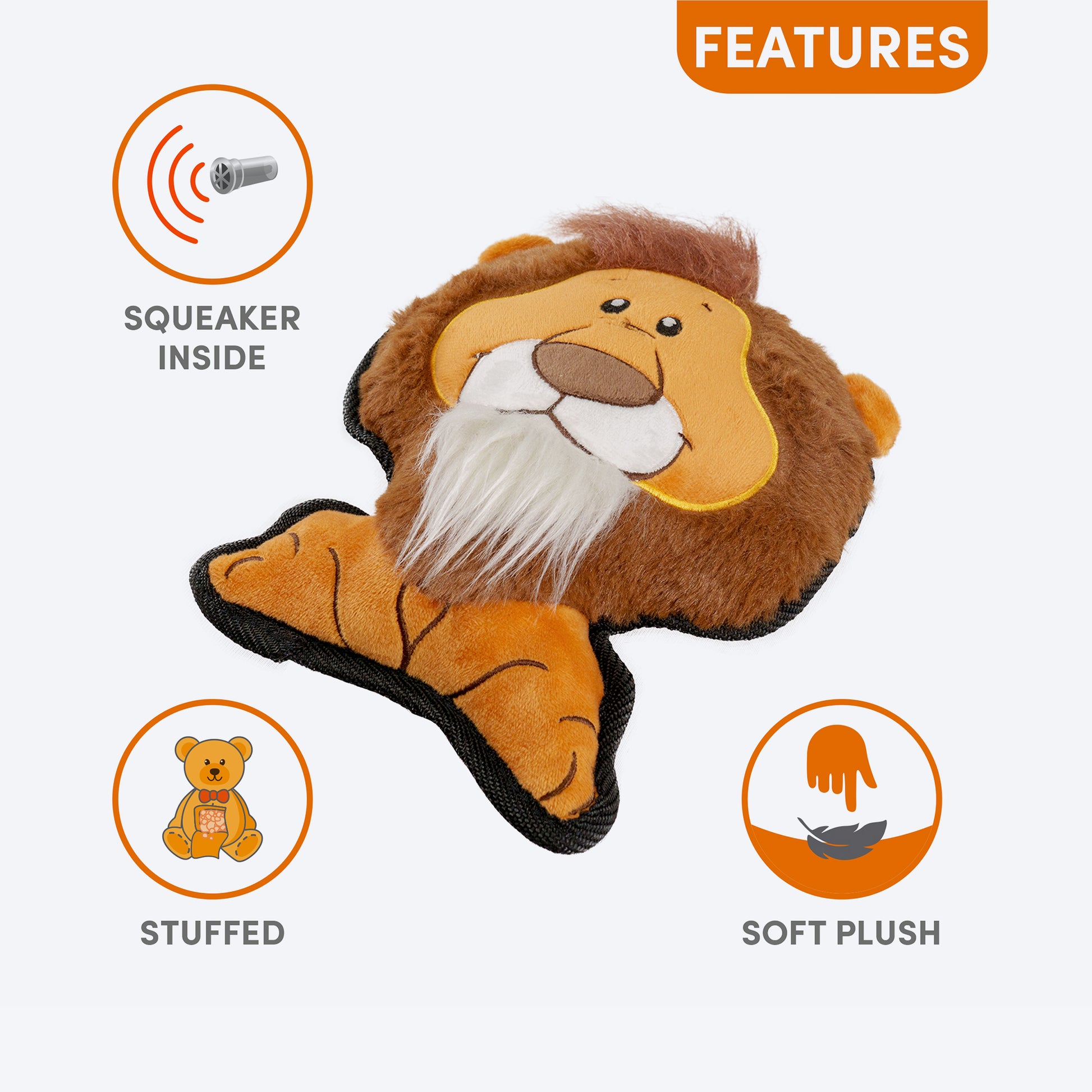 FOFOS Lion Safari Line Squeaky Plush Toy For Dog - Brown - Heads Up For Tails