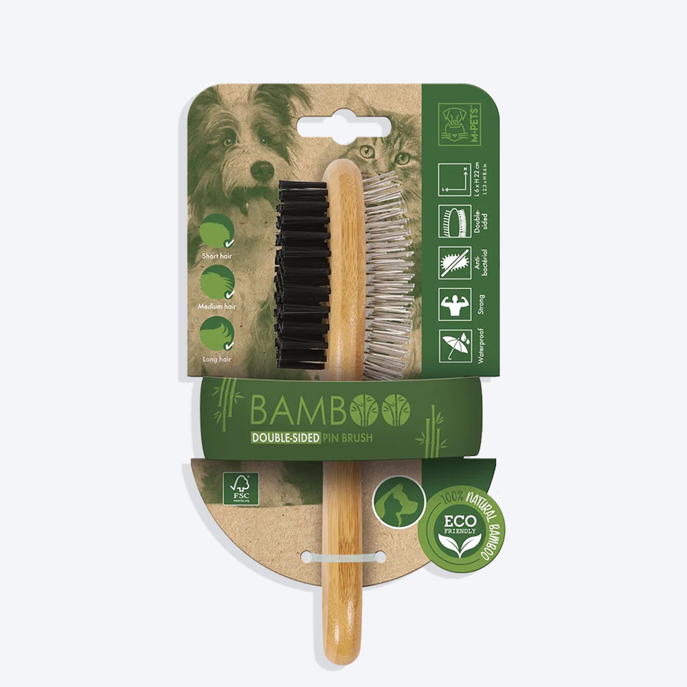 M-Pets Bamboo Double-Sided Pin Pets Brush - Brown - Heads Up For Tails
