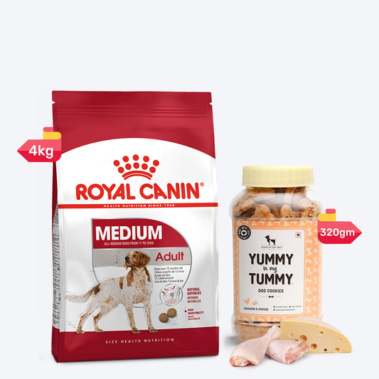 Royal Canin Medium Dry Food & YIMT Chicken & Cheese Biscuits For Adult Dogs - Heads Up For Tails