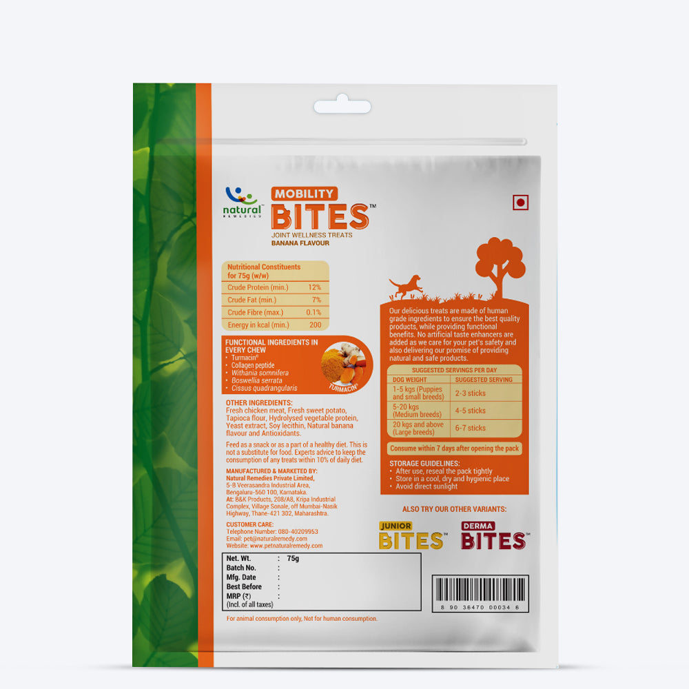 Natural Remedies Mobility Bites Joint Wellness Health Treat for Dog & Puppy - Banana Flavour - 75 gm - Heads Up For Tails