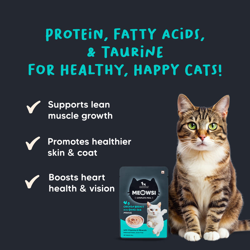 Meowsi by HUFT Chicken Breast with Quail Egg Mousse Cat Wet Food, 80 gm, grain-free, with vitamins and minerals.