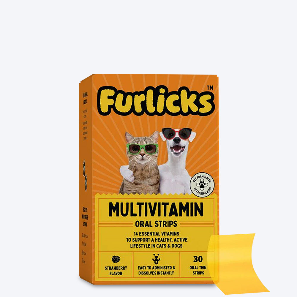 Furlicks Multivitamin Strawberry Pet Oral Food Supplement - 45g (30 Strips) - Heads Up For Tails