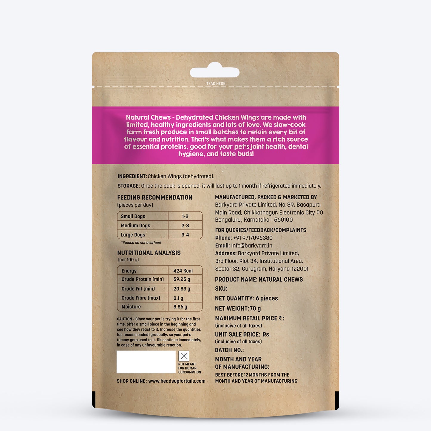 HUFT Natural Chews - Dehydrated Chicken Wings For Dog - 70g