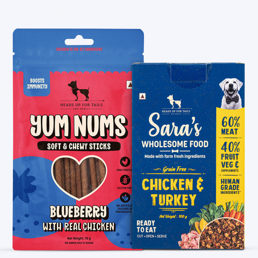 HUFT Wholesome Chicken, Turkey Food & Yum Nums Blueberry Treats Combo For Dog