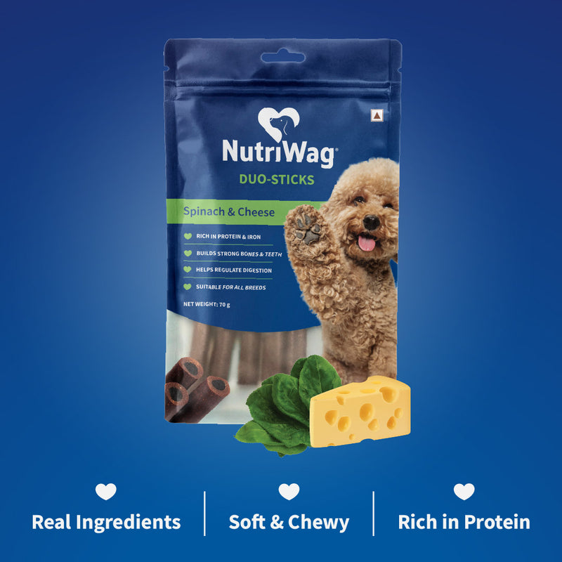 NutriWag Spinach & Cheese Duo Sticks Treats For Dog - 70 gm - Heads Up For Tails