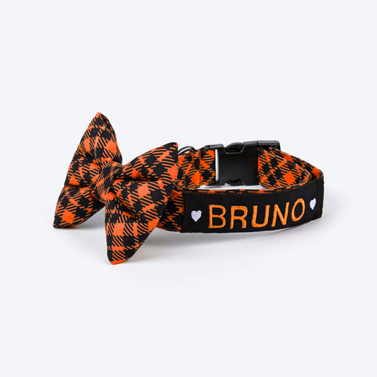 HUFT Personalised Tartan Fabric Collar With Bow Tie For Dogs - Orange
