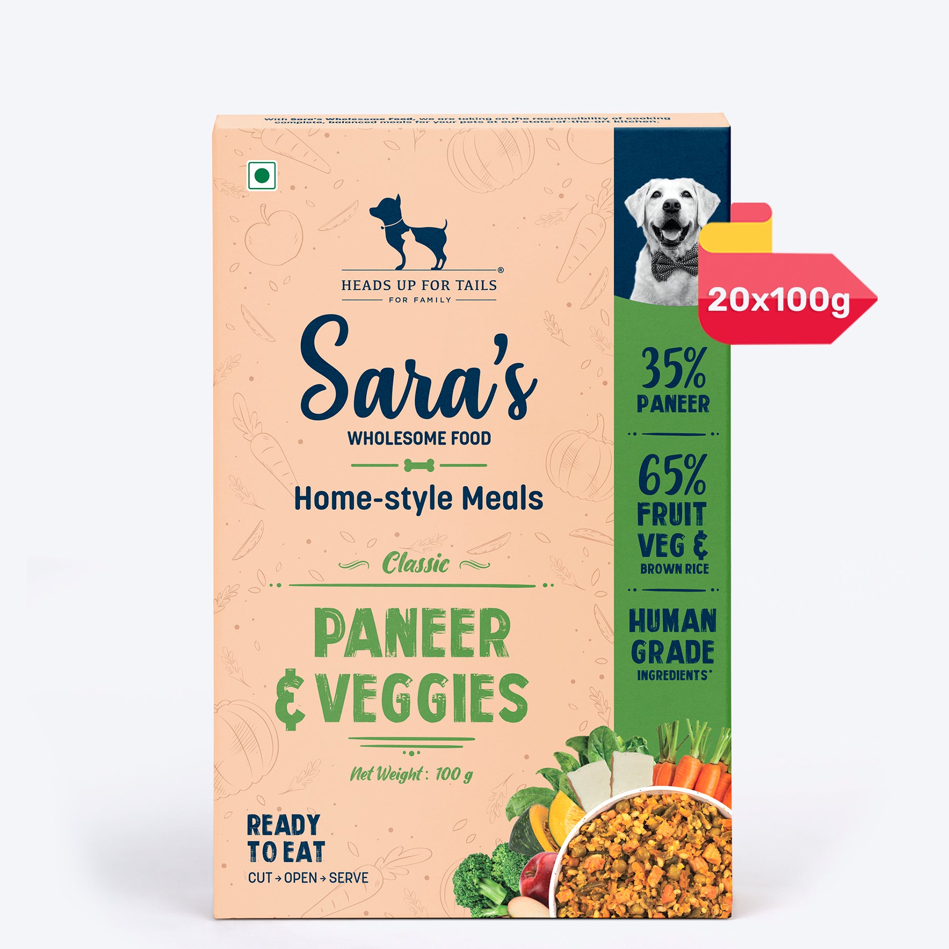 Sara's Wholesome Classic Paneer & Veggies Ready-to-Eat Vegetarian Dog Food – Human-Grade, Preservative-Free - 100 gm - Heads Up For Tails