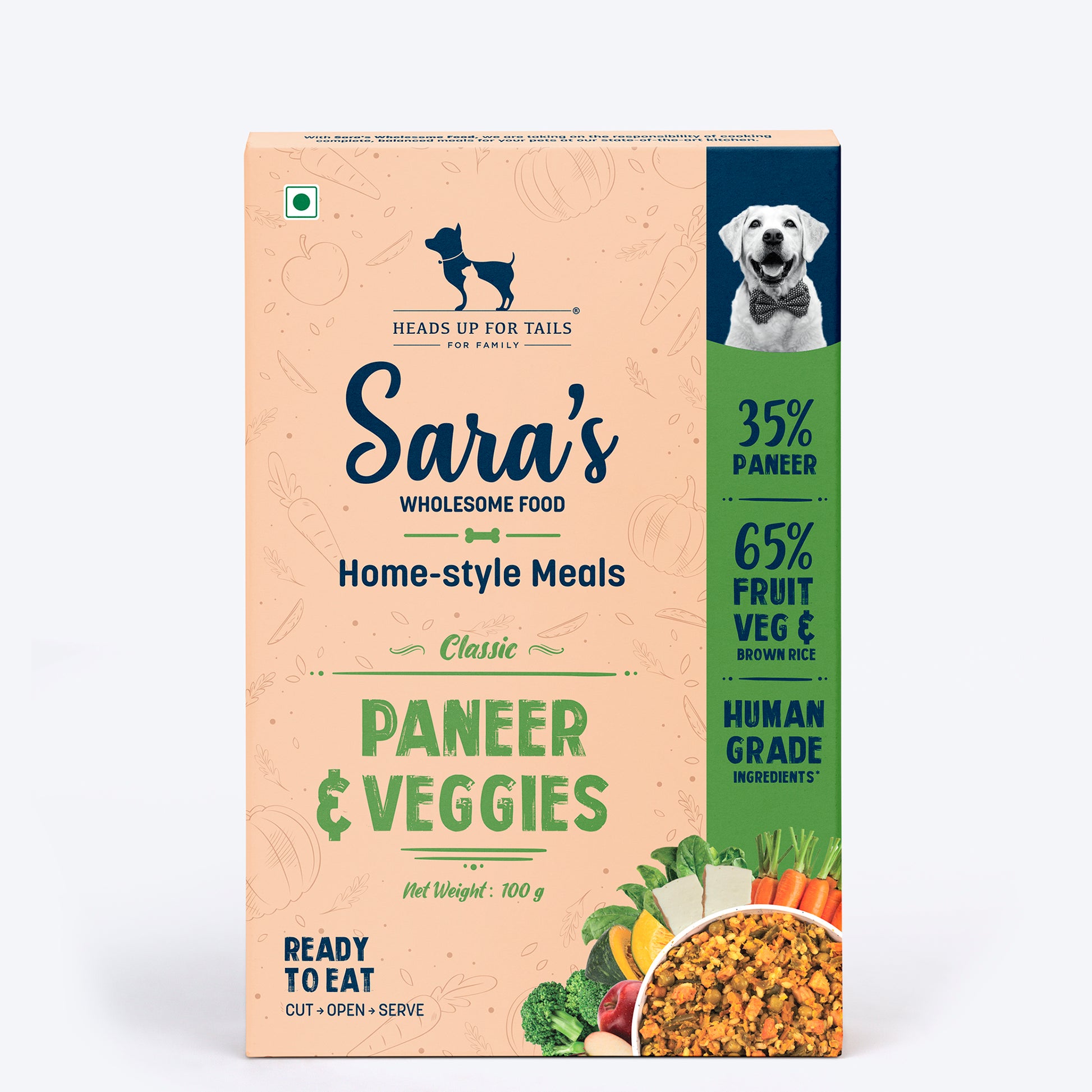 Sara's Wholesome Classic Paneer & Veggies Ready-to-Eat Vegetarian Dog Food – Human-Grade, Preservative-Free - Heads Up For Tails