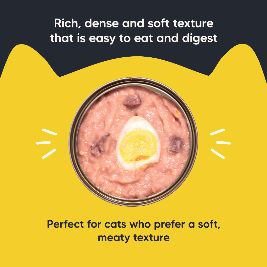 Meowsi by HUFT Chicken Breast with Quail Egg pâté, 80 gm can, grain-free, with vitamins and minerals for cats.
