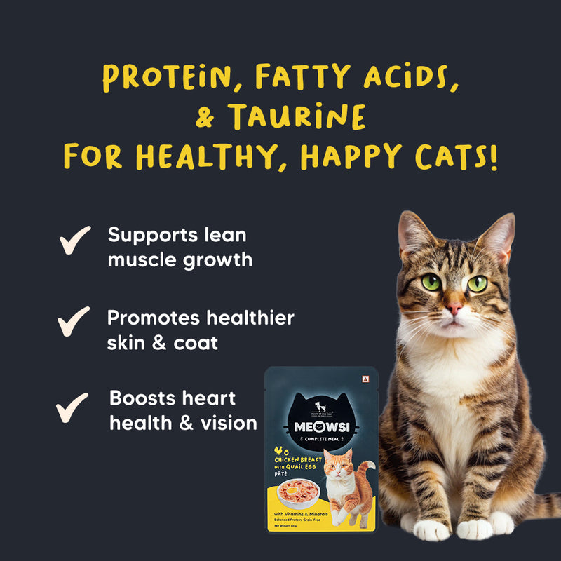 Meowsi by HUFT Chicken Breast with Quail Egg pâté Cat Wet Food, 80 gm, grain-free, with vitamins and minerals.