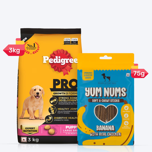 Pedigree PRO Expert Nutrition Dry Food & Yum Nums Banana With Real Chicken Treat Combo For Large Breed Puppy (3-18 Months) - Heads Up For Tails