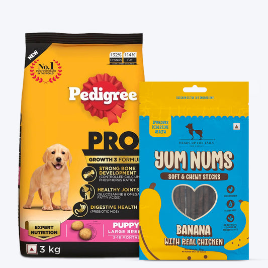 Pedigree PRO Expert Nutrition Dry Food & Yum Nums Banana With Real Chicken Treat Combo For Large Breed Puppy (3-18 Months) - Heads Up For Tails