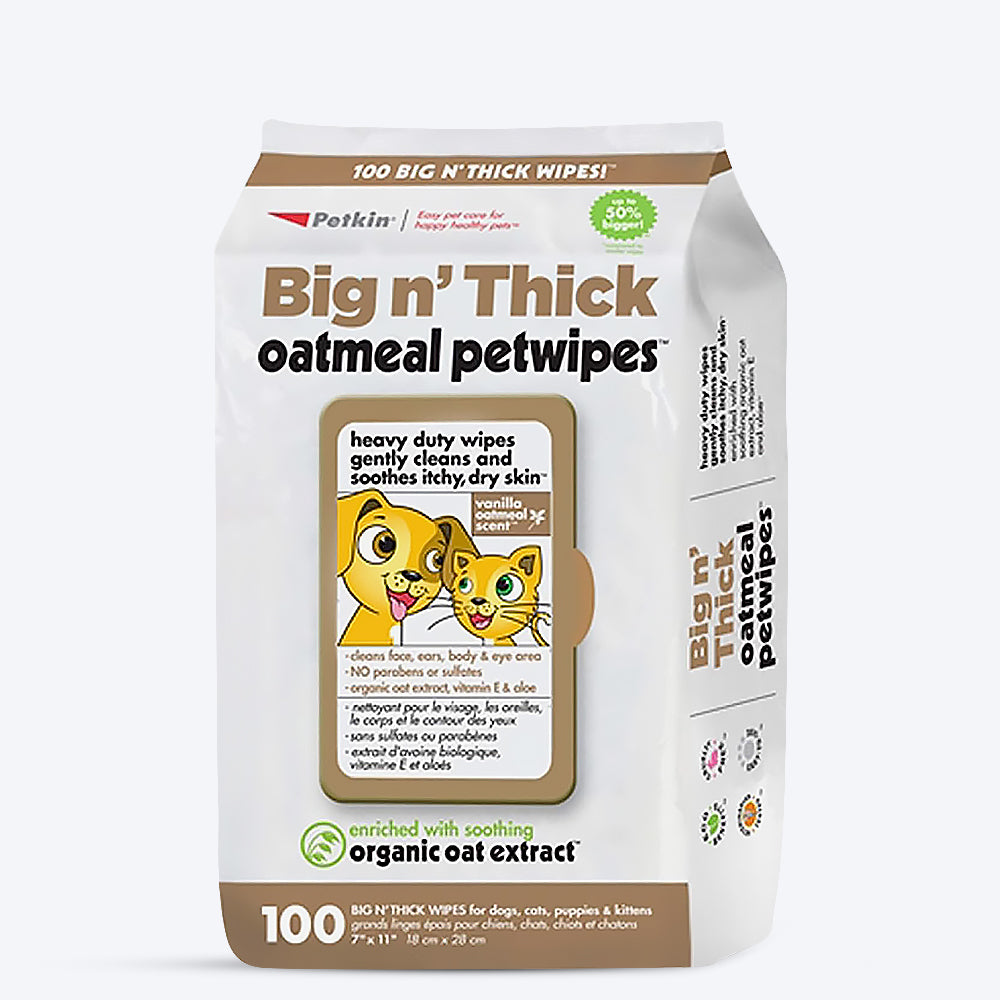 Petkin Big n' Thick Oatmeal Pet Wipes For Dogs & Cats - 100 Pieces - Heads Up For Tails