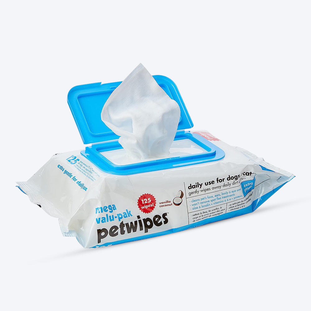 Petkin Pet Wipes For Dogs & Cats - Mega Value Pack - 125 Pieces - Heads Up For Tails