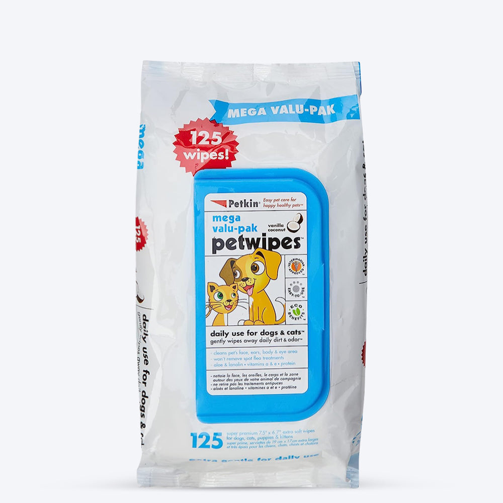 Petkin Pet Wipes For Dogs & Cats - Mega Value Pack - 125 Pieces - Heads Up For Tails