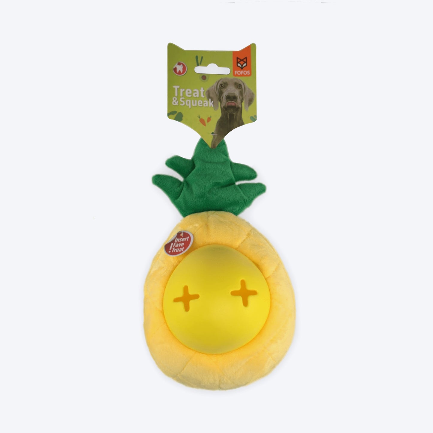 FOFOS Cute Pineapple Treat Dispensing & Squeaky Chew Dog Toy - Yellow - Heads Up For Tails