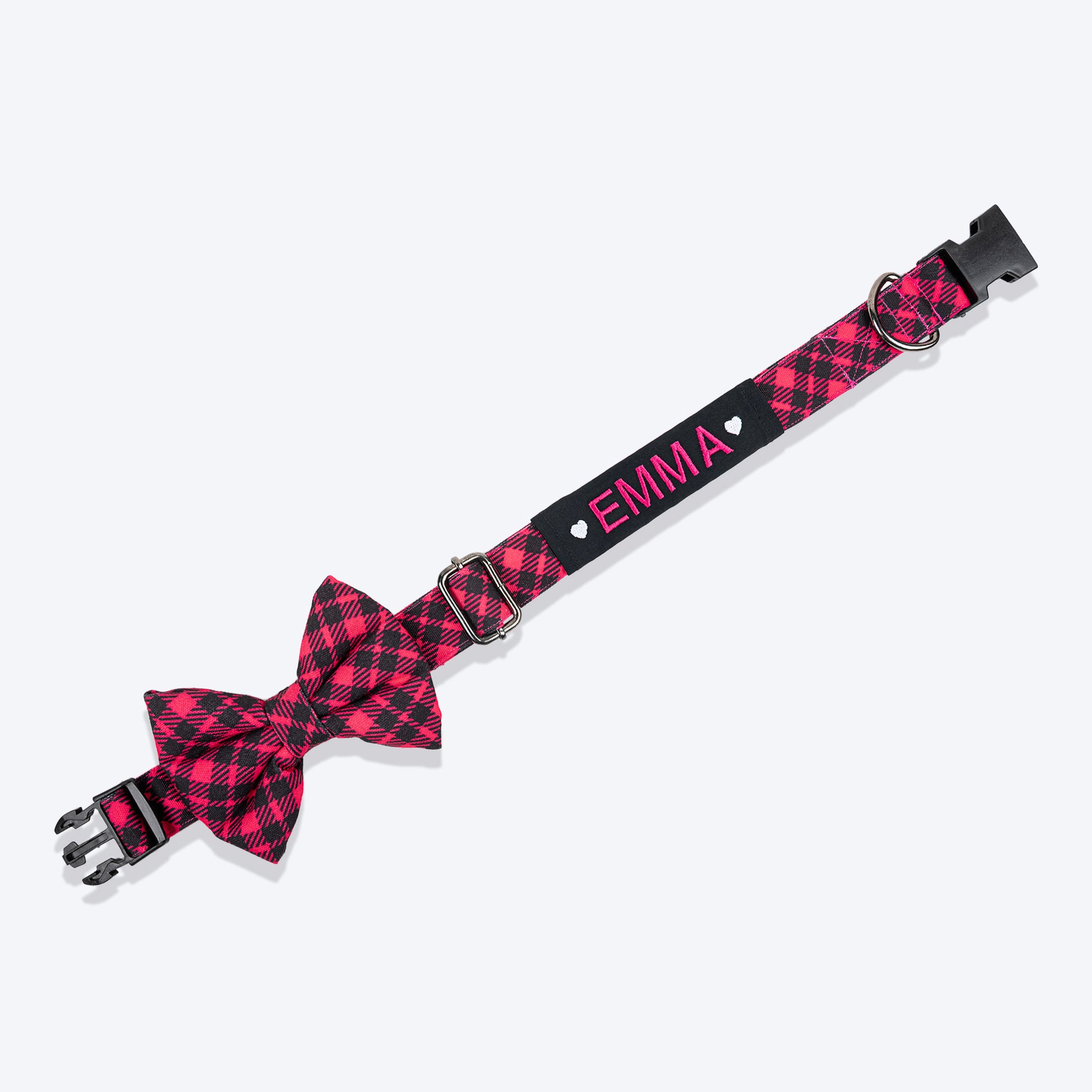 HUFT Personalised Tartan Fabric Collar With Bow Tie For Dogs - Pink - Heads Up For Tails