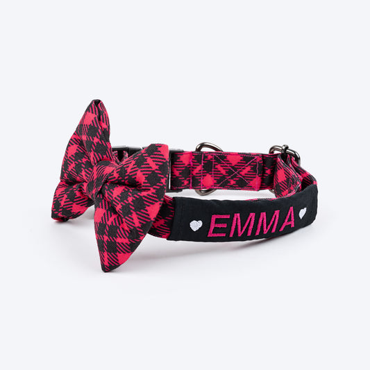 HUFT Personalised Tartan Fabric Collar With Bow Tie For Dogs - Pink